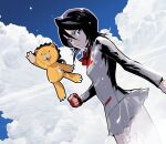  1girl black_hair bleach blue_sky bow bowtie breasts clenched_hand cloud cloudy_sky cofffee cowboy_shot fingerless_gloves gloves grey_eyes grey_jacket grey_skirt hair_between_eyes jacket kon_(bleach) kuchiki_rukia long_sleeves looking_at_viewer medium_hair miniskirt outdoors pleated_skirt red_bow red_bowtie red_gloves school_uniform skirt sky small_breasts stuffed_animal stuffed_lion stuffed_toy 