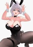  1girl alternate_costume ass_visible_through_thighs asymmetrical_hair bare_shoulders black_bow black_bowtie blue_eyes blush bow bowtie breasts bunny_pose cleavage detached_collar fate/grand_order fate_(series) grey_hair gudakoguda hair_ornament high_heels large_breasts miyamoto_musashi_(fate) open_mouth pantyhose playboy_bunny rabbit_hair_ornament rabbit_tail smile solo squatting tail thigh_strap thighs white_background white_wrist_cuffs 