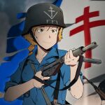  1girl 1other bag black_hair blue_shirt braid check_gender chevrons chin_strap closed_mouth collarbone collared_shirt combat_helmet commentary cross cross_of_lorraine english_commentary fingernails free_french_flag french_flag grey_bag grey_headwear gun hair_between_eyes headwear_writing helmet holding holding_gun holding_weapon looking_ahead mrxinom original out_of_frame overcast rifle satchel shirt short_hair single_braid sleeves_rolled_up sling smile solo_focus sten_gun strap submachine_gun suspenders torn_flag translated trigger_discipline upper_body weapon world_war_ii yellow_eyes 