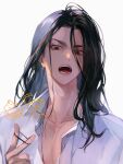  1boy baji_keisuke black_eyes black_hair collarbone collared_shirt funpjinju hair_between_eyes long_hair looking_at_viewer male_focus open_mouth pectoral_cleavage pectorals shirt signature simple_background teeth tokyo_revengers white_background white_shirt 