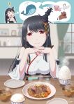  1girl animal bare_shoulders bird black_hair bowl breasts chicken chopsticks closed_mouth commentary_request cow detached_sleeves food fusou_(kancolle) hair_ornament japanese_clothes kantai_collection large_breasts long_hair looking_at_viewer meat miso_soup nao_(nao_eg) nontraditional_miko pig red_eyes rice rice_bowl signature smile solo upper_body whale white_sleeves wide_sleeves 
