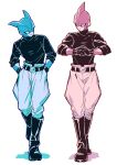  2boys alternate_costume boots closed_mouth dragon_ball dragon_ball_super dragon_ball_super_super_hero full_body gamma_1 gamma_2 gloves hands_in_pockets itsuki_(nightlight) knee_boots male_focus monochrome multiple_boys own_hands_together pants shirt simple_background standing walking 