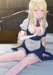  1girl apron areola_slip bed blonde_hair blue_dress clenched_hand cropped_legs detached_collar dress feet_out_of_frame frilled_dress frills green_eyes knees legs light_frown long_hair open_mouth original pillow pointy_ears sidelocks signature sitting subachi sweat waist_apron 