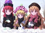  3girls :q absurdres adapted_costume bangs beanie black_dress black_headwear blonde_hair blue_background clownpiece coat dress food gloves hat hecatia_lapislazuli highres holding holding_food jester_cap junko_(touhou) long_hair long_sleeves looking_at_another multiple_girls neck_ruff neold outdoors pink_scarf plaid plaid_scarf polka_dot pom_pom_(clothes) purple_eyes purple_headwear red_eyes red_hair red_scarf scarf smile snow snow_bunny star_(symbol) star_print striped tongue tongue_out touhou upper_body winter_clothes 