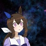  1girl admire_vega_(umamusume) animal_ears bangs bright_pupils brown_hair diffraction_spikes galaxy highres horse_ears light_blush long_hair low_ponytail meme mimi_(usausamm5) open_mouth purple_eyes purple_shirt sailor_collar shirt shooting_star solo space_cat_(meme) umamusume upper_body white_pupils wide-eyed 