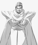  1boy abenfreude absurdres capelet cosplay crossed_arms dark-skinned_male dark_skin dragon_ball dragon_ball_z facial_hair goatee greyscale highres kanye_west male_focus monochrome piccolo piccolo_(cosplay) real_life robe short_hair sketch solo standing turban very_short_hair 