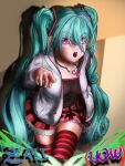  annoyed blue_hair copyright_request eyes_visible_through_hair green_hair hatsune_miku highres natural_(module) non-web_source pointing pointing_at_viewer project_diva_(series) simple_background thighs vocaloid zakiuqw zettai_ryouiki 