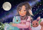  1girl :d au_ra black_hair blush brown_eyes commentary_request commission crossover eevee final_fantasy final_fantasy_xiv freckles full_moon horns jacket kou_hiyoyo long_hair long_sleeves looking_at_viewer lyra_heartstrings moon multiple_crossover my_little_pony my_little_pony:_friendship_is_magic night night_sky open_clothes open_jacket outdoors pink_shirt pokemon pokemon_(creature) puffy_long_sleeves puffy_sleeves purple_jacket scales shirt skeb_commission sky smile star_(sky) starry_sky unicorn upper_body 