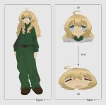  1girl ahoge bangs belt blonde_hair blue_eyes brown_footwear closed_eyes goatmilksoap green_jacket green_pants hair_between_eyes highres jacket light_blush long_hair messy_hair military military_uniform pants shoujo_shuumatsu_ryokou smile uniform wide_face yuuri_(shoujo_shuumatsu_ryokou) 