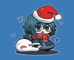  +++ 1girl bangs blue_background blue_dress blue_eyes blue_hair commentary dress fish_tail fuka-chan full_body hair_between_eyes hat heart highres holding holding_sack looking_at_viewer meme open_mouth original padoru_(meme) red_headwear red_scarf romaji_commentary sack santa_hat scarf shadow shark_tail short_eyebrows simple_background solo tail thick_eyebrows uni_souchou 