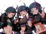  3girls 774_inc. asymmetrical_gloves bangs belt beltbra black_gloves black_hair black_jacket black_nails black_shirt blue_belt blue_eyes blue_hair blue_panties blunt_bangs blush breasts chest_belt cleavage clenched_hands commentary confetti crop_top cropped_jacket demon_girl demon_horns ear_chain ear_piercing fang flat_chest gloves grin heart heart_print highleg highleg_panties highres horns jacket jewelry kojo_anna large_breasts long_hair long_sleeves looking_at_viewer medium_breasts midriff multicolored_hair multiple_girls nantyu-a navel off_shoulder one_eye_closed open_clothes open_jacket open_mouth panties partially_fingerless_gloves piercing pointy_ears print_shirt purple_hair red_eyes red_hair ring russian_text ryugasaki_rene see-through see-through_shirt shirt shishio_chris sleeveless sleeveless_shirt smile sugar_lyric symbol-only_commentary twintails two-tone_hair underboob underwear upper_body virtual_youtuber white_background yellow_eyes zipper 