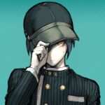  1boy aqua_background black_jacket closed_mouth danganronpa_(series) danganronpa_v3:_killing_harmony hair_between_eyes hand_on_headwear hat itsuki_(nightlight) jacket long_sleeves male_focus saihara_shuuichi simple_background solo striped striped_jacket sweat upper_body yellow_eyes 