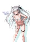  1girl absurdres amatsukaze_(kancolle) bangs bare_shoulders bikini blush bracelet breasts brown_eyes closed_mouth collarbone front-tie_bikini_top front-tie_top grey_hair hair_ornament hand_on_hip highres jewelry kantai_collection leaning_forward long_hair looking_at_viewer navel scan shiny shiny_hair side-tie_bikini_bottom simple_background small_breasts solo stomach swimsuit takanashi_kei_(hitsujikan) thigh_strap white_background 