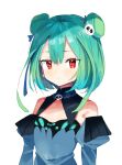  1girl aqua_hair bangs bare_shoulders blue_dress blue_ribbon blue_sleeves blush breasts closed_mouth detached_sleeves double_bun dress gradient_hair green_hair hair_bun hair_ornament hair_ribbon hololive looking_at_viewer multicolored_hair pinch_(nesume) red_eyes ribbon short_hair simple_background skull_hair_ornament small_breasts solo upper_body uruha_rushia virtual_youtuber white_background 
