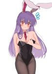  1girl animal_ears black_leotard black_pantyhose blush breasts cleavage closed_mouth cowboy_shot detached_collar flying_sweatdrops hair_between_eyes highres leotard light_purple_hair long_hair looking_at_viewer pantyhose rabbit_ears red_eyes reisen_udongein_inaba simple_background solo strapless strapless_leotard touhou uchisaki_himari white_background 