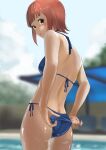  1girl absurdres amami_haruka ass back bare_shoulders bikini blue_bikini blush breasts brown_hair commission green_eyes highres idolmaster looking_at_viewer nail_polish outdoors pixiv_commission red_nails short_hair small_breasts swimsuit tama_(tamago) wet wet_clothes 