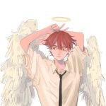  1boy alternate_hair_length alternate_hairstyle angel_devil_(chainsaw_man) angel_wings arms_behind_back arms_up bangs black_necktie chainsaw_man collared_shirt feathered_wings halo highres looking_to_the_side makosh_(nemakoshh) necktie red_eyes red_hair shirt short_hair simple_background solo white_background white_shirt white_wings wings 