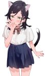  1girl :o animal_ears black_hair blue_skirt bow bowtie cat_ears cat_tail cropped_legs green_eyes hair_ornament highres light_frown looking_at_viewer open_mouth original school_uniform shirt skirt subachi sweatdrop tail white_shirt 