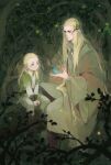  2boys animification bird bird_on_hand blonde_hair blue_bird blue_eyes elf father_and_son forest highres legolas long_hair long_sleeves looking_at_another multiple_boys nature pointy_ears sitting smile the_lord_of_the_rings thranduil tolkien&#039;s_legendarium tree zzzi_gn 