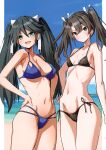 2girls absurdres alternate_costume aqua_eyes bangs bare_arms bare_shoulders beach bikini black_hair blush breasts brown_eyes brown_hair closed_mouth day hand_on_hip hands_on_hips highres isuzu_(kancolle) kantai_collection long_hair looking_at_viewer medium_breasts multiple_girls navel ocean open_mouth outdoors scan serious shiny shiny_hair side-tie_bikini_bottom simple_background small_breasts smile stomach swimsuit takanashi_kei_(hitsujikan) thighs twintails water zuikaku_(kancolle) 