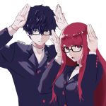  1boy 1girl :o amamiya_ren bangs black-framed_eyewear black_footwear black_hair black_jacket buttons closed_mouth glasses hair_between_eyes highres igusaharu jacket long_hair long_sleeves looking_at_viewer messy_hair persona persona_5 persona_5_the_royal red_eyes red_hair school_uniform shirt short_hair shuujin_academy_school_uniform simple_background smile sweatdrop turtleneck twitter_username uniform white_background white_shirt yoshizawa_sumire 