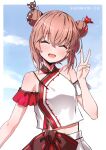  1girl absurdres bangs bare_shoulders blue_sky blush breasts closed_eyes cloud cloudy_sky day double_bun hair_bun hair_ornament hand_up head_tilt highres kantai_collection long_hair midriff open_mouth outdoors scan shiny shiny_hair simple_background sky small_breasts smile solo takanashi_kei_(hitsujikan) tan_yang_(kancolle) v yukikaze_(kancolle) 