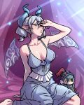  1girl akairiot bare_shoulders breasts cleavage demon_girl demon_horns demon_wings dress grey_eyes grey_hair hand_up highres horns knight_(yu-gi-oh!) lips lovely_labrynth_of_the_silver_castle pointy_ears sitting solo stuffed_toy wings yu-gi-oh! 