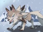  absurdres blue_eyes claws commentary_request fangs highres jira_(ziraiya26) looking_down lycanroc lycanroc_(midday) mountain no_humans open_mouth outdoors pokemon pokemon_(creature) snow snowing solo standing tongue tongue_out 