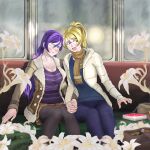  absurdres ayase_eli blonde_hair blush couple flower highres holding_hands lily_(flower) love_live! love_live!_school_idol_project non-web_source purple_hair rain toujou_nozomi train_interior white_day zakiuqw 