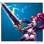  1girl armor bangs bikini_armor blue_background border breasts closed_mouth costume_request gauntlets gradient gradient_background green_eyes holding holding_sword holding_weapon long_hair looking_at_viewer mabius navel original outside_border pixel_art pointy_ears ponytail red_hair solo sword weapon white_border 