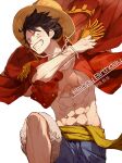  1boy abs akazu_kieshi bare_pectorals black_hair blue_shorts commentary_request constricted_pupils dated fur-trimmed_shorts fur_trim hand_up happy_birthday hat highres jacket leg_up looking_at_viewer male_focus mixed-language_commentary monkey_d._luffy muscular muscular_male navel one_piece open_mouth pectorals red_jacket sash scar scar_on_face short_hair shorts simple_background smile solo stomach straw_hat teeth upper_body white_background yellow_headwear yellow_sash 