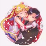  1boy 1girl back_bow bangs bishoujo_senshi_sailor_moon black_eyes black_hair blonde_hair blue_eyes blue_sailor_collar blue_skirt bow bowtie chiba_mamoru choker circlet crescent crescent_earrings double_bun earrings elbow_gloves flower gloves gold_earrings hair_bun hand_on_another&#039;s_back heart heart_choker highres hug jewelry long_hair miniskirt multicolored_clothes multicolored_skirt no_mask parted_bangs pleated_skirt red_bow red_bowtie rose sailor_collar sailor_moon shirt short_hair short_sleeves skirt super_sailor_moon tuxedo tuxedo_kamen very_long_hair white_bow white_bowtie white_flower white_gloves white_rose white_shirt yellow_choker yyemoyy 