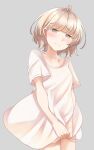  1girl blush breasts brown_eyes brown_hair cleavage closed_mouth collarbone comah dress grey_background half-closed_eyes highres original short_hair short_sleeves simple_background small_breasts solo white_dress 