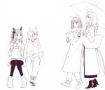  4girls animal_ears bag boots casual coat gold_city_(umamusume) grey_hair hands_in_pockets high_heel_boots high_heels highres holding holding_bag holding_umbrella hood hood_down hooded_coat horse_ears horse_girl horse_tail invisible_chair king_halo_(umamusume) long_hair long_sleeves looking_at_another looking_to_the_side mimi_(usausamm5) multiple_girls open_mouth pants paper_bag scarf seiun_sky_(umamusume) short_hair shoulder_bag sitting smile sweater tail turtleneck turtleneck_sweater umamusume umbrella walking yukino_bijin_(umamusume) 