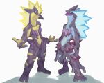  2others black_eyes bright_pupils commentary_request fang highres looking_down multiple_others open_mouth pokemon pokemon_(creature) s-skio skin_fang spikes standing toes tongue tongue_out toxtricity toxtricity_(amped) toxtricity_(low_key) white_background white_pupils 