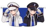  2boys black_coat black_headwear blue_necktie character_name closed_mouth coat collared_shirt commentary emmet_(pokemon) gloves grey_eyes grey_hair hand_on_headwear hat high_collar highres ingo_(pokemon) kamskii01 long_sideburns long_sleeves male_focus multiple_boys necktie peaked_cap pokemon pokemon_(game) pokemon_bw shirt short_hair sideburns smile trench_coat upper_body white_coat white_gloves white_headwear white_shirt 