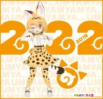  1girl animal_ear_fluff animal_ears belt blonde_hair bow bowtie cat_ears cat_girl cat_tail elbow_gloves extra_ears gloves kemono_friends kemono_friends_2 looking_at_viewer official_art one_eye_closed open_mouth serval_(kemono_friends) shirt shoes short_hair simple_background skirt sleeveless sleeveless_shirt socks solo tail thighhighs yellow_eyes 