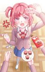 1girl anger_vein annoyed bangs blazer blush box breasts brown_sweater_vest candy clenched_hand commentary cupcake doki_doki_literature_club dress_shirt fang food foreshortening from_above full_body grey_jacket hair_ornament hair_ribbon hand_up holding holding_candy holding_food holding_plate jacket keito_nagumo lollipop looking_at_viewer looking_up natsuki_(doki_doki_literature_club) neck_ribbon open_clothes open_jacket parquet_floor perspective pink_eyes pink_hair plate pocky pov pov_hands red_ribbon ribbon school_uniform shadow shirt shoes short_hair shouting small_breasts socks standing sweatdrop sweater_vest swept_bangs uwabaki v-shaped_eyebrows white_footwear white_shirt white_socks wooden_floor x_hair_ornament 