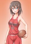 1girl anti_(untea9) ball basketball basketball_uniform blue_eyes blush breasts brown_hair clothes_writing collarbone cosplay cowboy_shot hair_between_eyes hair_ornament highres holding holding_ball kantai_collection large_breasts maya_(kancolle) open_mouth short_hair slam_dunk_(series) smile solo sportswear x_hair_ornament 