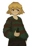  1girl alcohol blonde_hair bottle brown_pants goatmilksoap green_sweater holding holding_bottle long_sleeves looking_to_the_side niea_(niea_7) niea_7 pants sweater white_background 