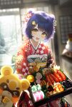 1girl animal bangs blue_hair blurry blurry_background commentary_request day depth_of_field double_bun floral_print flower food food_focus genshin_impact glowing hair_bun hair_flower hair_ornament hairclip happy_new_year highres holding indoors japanese_clothes kimono looking_at_viewer new_year obi osechi pistachiocream print_kimono red_flower red_kimono sash shiny shiny_hair sidelocks snow solo standing window xiangling_(genshin_impact) yellow_eyes 
