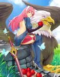  1girl absurdres alternate_costume alternate_eye_color alternate_hair_color apple armor ass back backless_dress backless_outfit bald_eagle bangs beak bird black_panties blue_butterfly blush breasts bug butt_crack butterfly cherche_(fire_emblem) cherche_(fire_emblem)_(cosplay) commission commissioner_upload cosplay creature dress eagle eating elbow_gloves falchion_(fire_emblem) feathers fire_emblem fire_emblem_awakening food fruit gloves grass griffin hair_between_eyes hairband high_heels highres holding holding_food holding_fruit igni_tion lips long_hair looking_at_viewer looking_back lucina_(fire_emblem) monster non-web_source open_mouth outdoors panties pink_eyes pink_hair reins see-through see-through_dress sitting smile stone sword talons thighhighs underwear weapon wings 