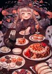  1girl black_cat blonde_hair braid cake candle cat food fork ghost halloween_costume hand_on_own_face happy_halloween hat holding holding_fork long_hair looking_at_viewer open_mouth original party plate pumpkin shiiro_illust smile solo twin_braids witch_hat yellow_eyes 