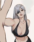  1girl bangs black_sports_bra breasts chainsaw_man cigarette cleavage eyepatch fourth_wall grey_hair highres long_hair medium_breasts quanxi_(chainsaw_man) simple_background smoke smoking solo sports_bra takkiyuri1 white_background 