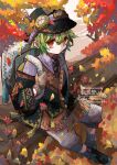  1boy artist_name autumn autumn_leaves backpack bag bloomminority fantasy gloves goggles goggles_on_head goggles_on_headwear green_hair highres in_tree male_focus original red_eyes short_hair sitting sitting_in_tree solo steampunk tree twitter_username 