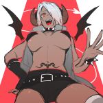  1girl an_ling_withered angel_(kof) bangs black_wings bracelet breasts cleavage collar cosplay cropped_jacket dark-skinned_female dark_skin demon_girl demon_horns demon_tail demon_wings hair_over_one_eye highres horns jewelry large_breasts leather looking_at_viewer navel pubic_tattoo red_eyes smile solo spiked_bracelet spiked_collar spikes tail tattoo the_king_of_fighters the_king_of_fighters_xiv toned white_hair wings 
