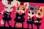  4girls aggressive_retsuko ahoge babymetal baseball_bat black_dress black_eyes black_pantyhose brown_hair commentary crossed_arms digitalsnail dress english_commentary eyeshadow furry gothic_lolita grey_hair hair_ornament hidarin_(aggretsuko) holding holding_microphone lolita_fashion looking_at_viewer makeup manaka_(aggretsuko) microphone migi_(aggretsuko) multiple_girls pantyhose pink_background retsuko standing symbol-shaped_pupils tail tongue tongue_out x-shaped_pupils 