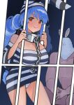  1girl animal_ears blue_hair breasts chain cleavage dismassd drill_hair hat highres hololive large_breasts long_hair official_alternate_costume orange_eyes panties prison_cell prison_clothes prisoner rabbit_ears rabbit_girl rabbit_tail tail twin_drills underwear usada_pekora virtual_youtuber 