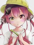  1girl :o absurdres aged_down eyebrows_hidden_by_hair eyepatch eyepatch_lift hat heterochromia highres hololive houshou_marine mochiki_927 red_eyes red_hair school_hat shirt solo t-shirt twintails upper_body virtual_youtuber white_shirt yellow_eyes 