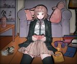  1girl akamatsu_kaede ara_(syao_ra) armchair bangs black_shirt book breasts brown_hair brown_skirt celestia_ludenberg chair chips_(food) collared_shirt controller danganronpa:_trigger_happy_havoc danganronpa_(series) danganronpa_2:_goodbye_despair danganronpa_another_episode:_ultra_despair_girls danganronpa_v3:_killing_harmony dress_shirt flipped_hair food galaga hair_ornament headphones highres hinata_hajime holding holding_controller hood jacket kirigiri_kyouko komaeda_nagito large_breasts long_sleeves looking_at_viewer medium_hair naegi_komaru nanami_chiaki neck_ribbon pink_eyes pink_ribbon pleated_skirt ribbon shelf shirt skirt solo table thighhighs white_shirt 